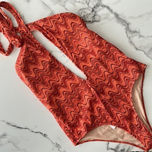 NEW Zara Retro Wave Print One Piece Halter Swimsuit Bodysuit 2856/228 - Picture 1 of 11